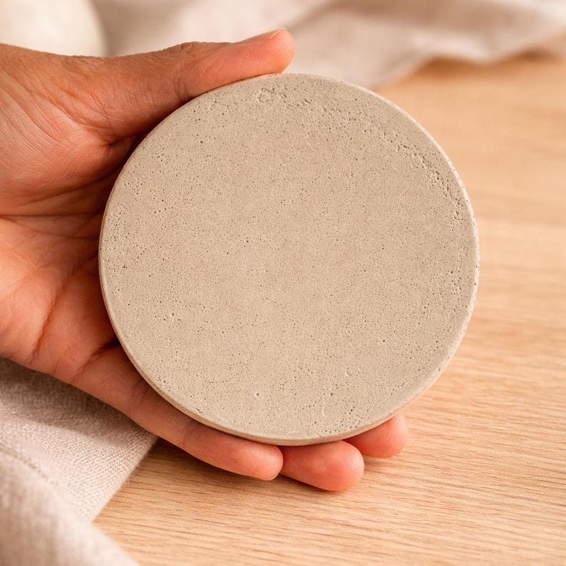 Handmade concrete coaster set with holder, Round small cement tray for drinks, Neutral modern coasters for coffee table image 11