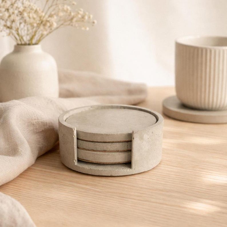 Handmade concrete coaster set with holder, Round small cement tray for drinks, Neutral modern coasters for coffee table image 1
