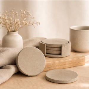 Handmade concrete coaster set with holder, Round small cement tray for drinks, Neutral modern coasters for coffee table image 5