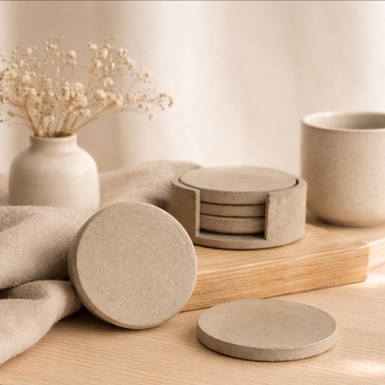 Handmade concrete coaster set with holder, Round small cement tray for drinks, Neutral modern coasters for coffee table image 5