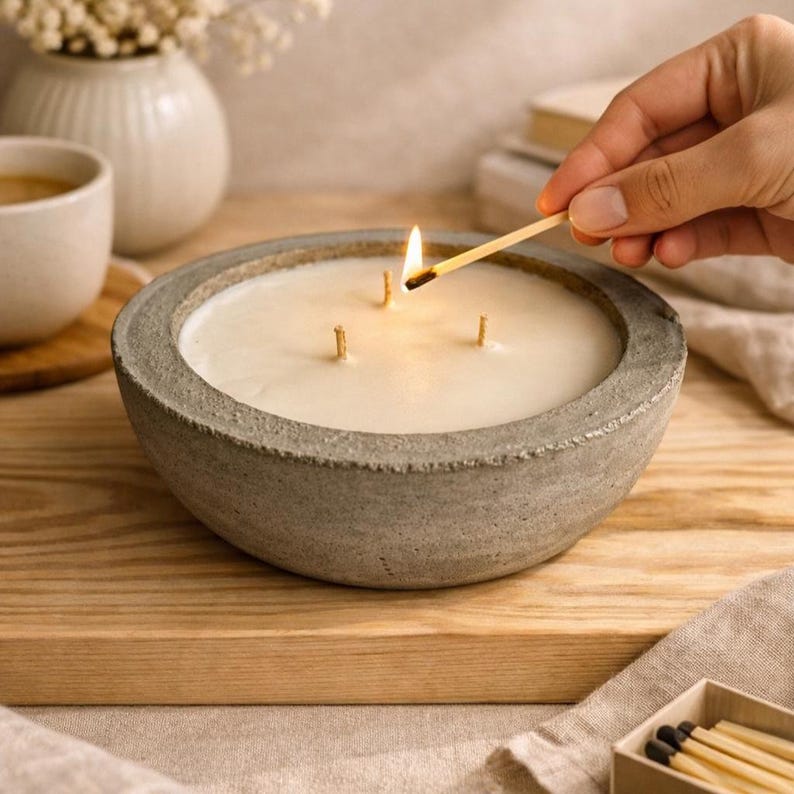 Lavendel Sojakerze in Betonschale, Minimalistisches Kerzengefäß aus Zement, Hand gegossene Duftkerze für gemütliches Zuhause Bild 5