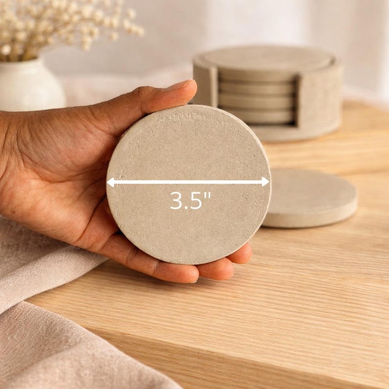 Handmade concrete coaster set with holder, Round small cement tray for drinks, Neutral modern coasters for coffee table image 7