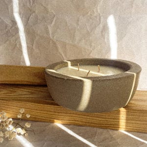 Modern scented candle in round cement bowl, Handmade concrete container with aromatherapy candle, Soothing and relaxing soy wax candle