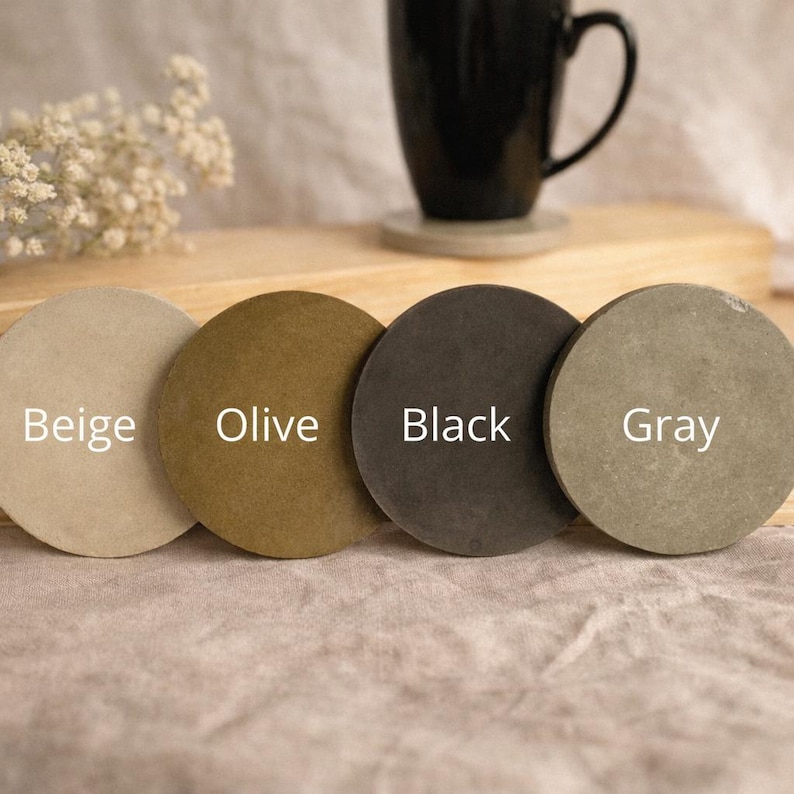 Handmade concrete coaster set with holder, Round small cement tray for drinks, Neutral modern coasters for coffee table image 4