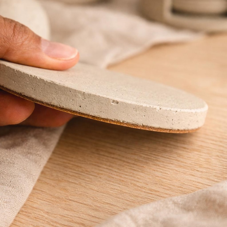 Handmade concrete coaster set with holder, Round small cement tray for drinks, Neutral modern coasters for coffee table image 8