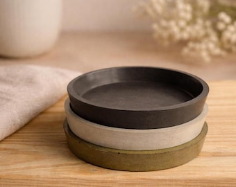Rimmed concrete coasters with cork base, Minimalist cement set drink coasters, Modern table decor