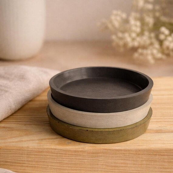 Rimmed concrete coasters with cork base, Minimalist cement set drink coasters, Modern table decor