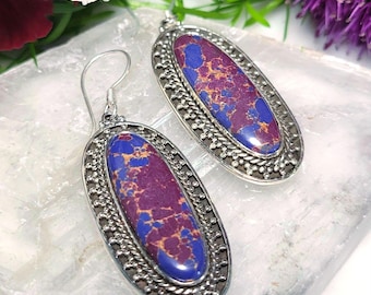 Sterling Silver Mojave Turquoise Drop Earrings: Blue Purple Gemstone (2.25" Drop)