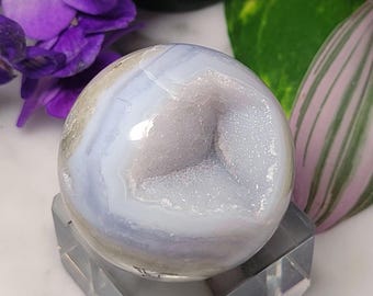 Banded Blue Lace Agate Sphere With large Druzy Cave: 1.75"