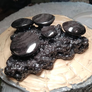 Silver Sheen Obsidian Large Mushrooms Carving Statement Piece