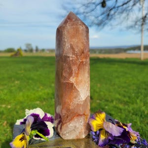 Könnte beinhalten: Ein hoher, polierter Kristallpunkt mit rötlich-braunem Farbton, natürlichen Einschlüssen und einer spitzen Spitze. Der Kristall wird im Freien mit violetten und gelben Stiefmütterchen präsentiert.