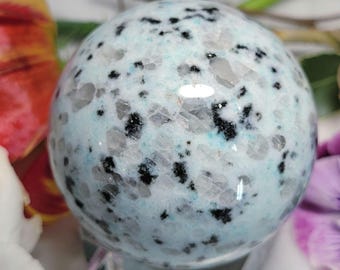 Kiwi Jasper Crystal Sphere: Rare, 2.25" blue white black gray speckled.