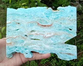 XL Caribbean Calcite cut polished Slab with sparkling caves and Druzy raw edge 6.25&quot;x5&quot;