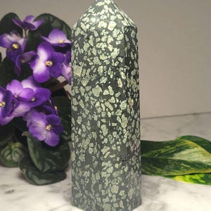 May include: A tall, dark green stone obelisk with a speckled pattern. The obelisk has a hexagonal base and a pointed top. The background includes a purple African violet plant and green leaves.