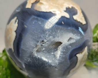 Volcano Agate Sphere: XLarge 4.75" with several Druzy Caves, UV reactive