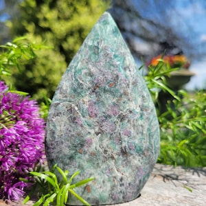 Ruby Fushite Crystal Teardrop Tower: Teal, Pink, White Inclusions (4.5") UV reactive