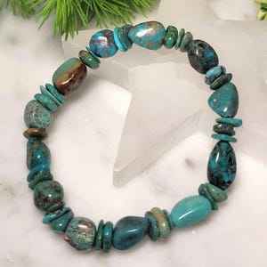 Kingman Turquoise Muti shaped large Beaded Bracelet: 6"-7" stretch