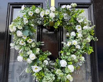 Handmade Faux White Rose and Daisy Spring Summer Heart Wreath