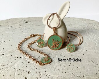 Betonschmuck, Set, Edelstahl, Beton, Resin, Kette, Anhänger, Ohrhänger, Armband, Kupfer, grün