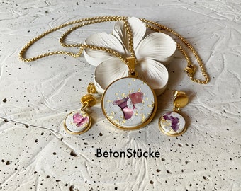 Betonschmuck, Set, Edelstahl, Kette, Anhänger, Ohrstecker, gold