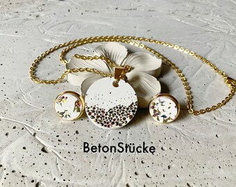 Betonschmuck, Schmuckset, Edelstahl, Kette, Anhänger, Ohrstecker, gold