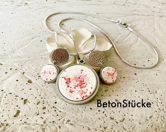 Betonschmuck, Schmuckset, Edelstahl, Kette, Ohrringe, silber