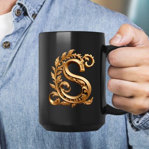 Golden Initials S, initials mug, decorative letter, gold 3d design on black ceramic mug, sophisticated letters gift for friend or loved one
