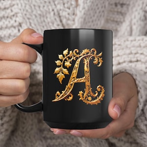 Golden Initial A, initials mug, decorative letter, gold 3d design on black ceramic mug, sophisticated letters gift for friend or loved one