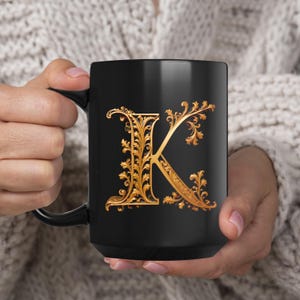 Golden Initials K, initials mug, decorative letter, gold 3d design on black ceramic mug, sophisticated letters gift for friend or loved one