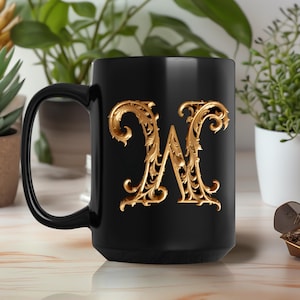 Golden Initials W, initials mug, decorative letter, gold 3d design on black ceramic mug, sophisticated letters gift for friend or loved one