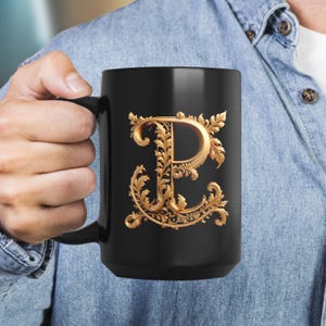 Golden Initials P, initials mug, decorative letter, gold 3d design on black ceramic mug, sophisticated letters gift for friend or loved one