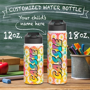 metal water bottle, insulated container, bpa-free steel, beverage container, sports bottle, unique gift for kids, Customizable Happy Flowers