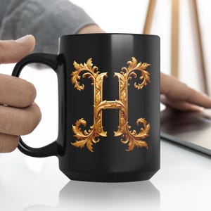 Golden Initials H, initials mug, decorative letter, gold 3d design on black ceramic mug, sophisticated letters gift for friend or loved one