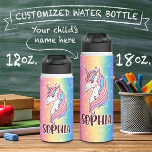 metal water bottle, insulated container, bpa-free steel, beverage container, sports bottle, unique gift for kids, Customizable Unicorn Head