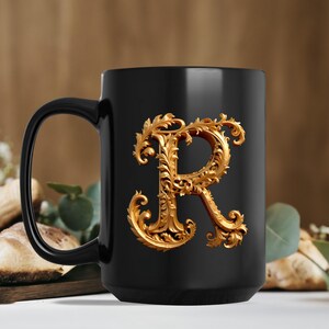 Golden Initials R, initials mug, decorative letter, gold 3d design on black ceramic mug, sophisticated letters gift for friend or loved one