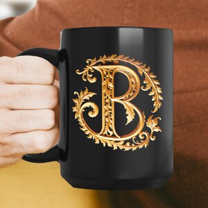 Golden Initials B, initials mug, decorative letter, gold 3d design on black ceramic mug, sophisticated letters gift for friend or loved one
