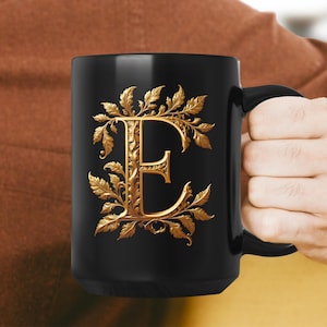 Golden Initials E, initials mug, decorative letter, gold 3d design on black ceramic mug, sophisticated letters gift for friend or loved one