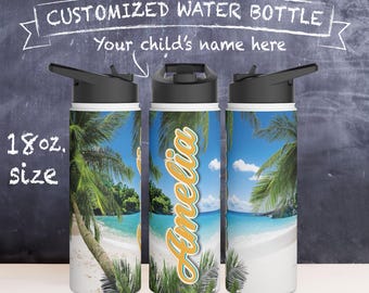 Beach Scene Tumbler, Custom Name Bottle, Insulated Container, BPA Free Steel, Vacation Shore Gift