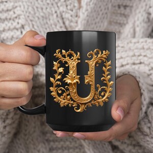Golden Initials U, initials mug, decorative letter, gold 3d design on black ceramic mug, sophisticated letters gift for friend or loved one
