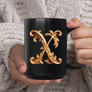 Golden Initials X, initials mug, decorative letter, gold 3d design on black ceramic mug, sophisticated letters gift for friend or loved one