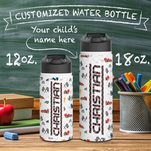 metal water bottle, insulated container, bpa-free steel, beverage container, sports bottle, unique gift for kids, Customizable Race Cars