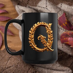 Golden Initials Q, initials mug, decorative letter, gold 3d design on black ceramic mug, sophisticated letters gift for friend or loved one
