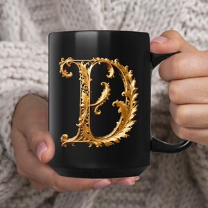 Golden Initials D, initials mug, decorative letter, gold 3d design on black ceramic mug, sophisticated letters gift for friend or loved one