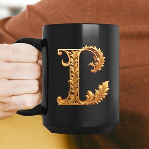 Golden Initials L, initials mug, decorative letter, gold 3d design on black ceramic mug, sophisticated letters gift for friend or loved one