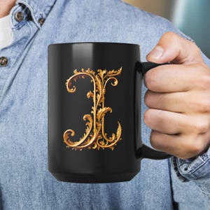 Golden Initials I, initials mug, decorative letter, gold 3d design on black ceramic mug, sophisticated letters gift for friend or loved one