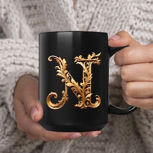 Golden Initials N, initials mug, decorative letter, gold 3d design on black ceramic mug, sophisticated letters gift for friend or loved one