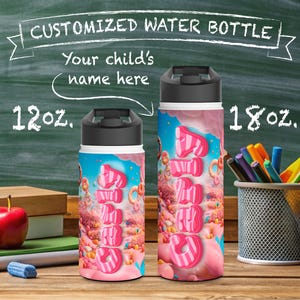 metal water bottle, insulated container, bpa-free steel, beverage container, sports bottle, unique gift for kids, Customizable Candy World