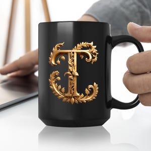 Golden Initials T, initials mug, decorative letter, gold 3d design on black ceramic mug, sophisticated letters gift for friend or loved one