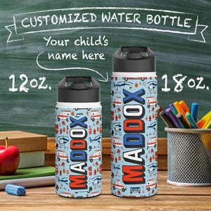metal water bottle, insulated container, bpa-free steel, beverage container, sports bottle, unique gift for kids, Customizable Rescue Trucks