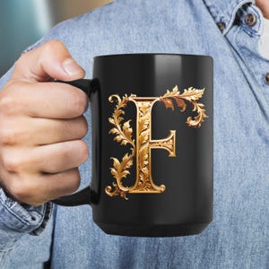Golden Initials F, initials mug, decorative letter, gold 3d design on black ceramic mug, sophisticated letters gift for friend or loved one